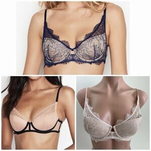 3) Victoria’s Secret Lined Plunge Lace Bras 36D Nude, Pink, Navy Bnfts Charity